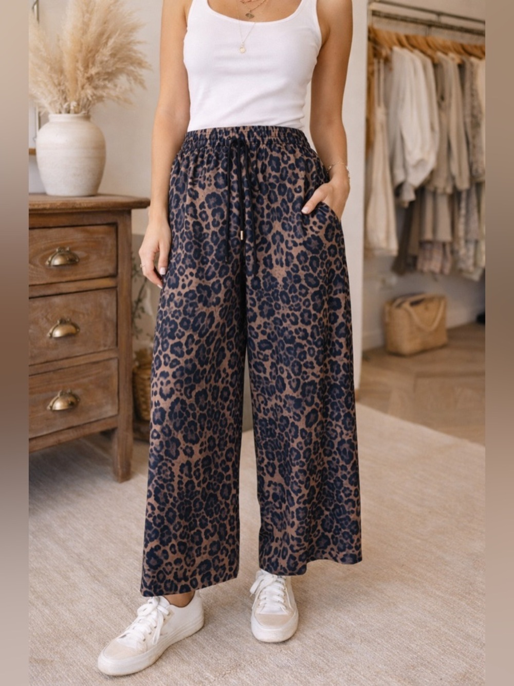 NWOT SHEIN Leopard Animal Print Pants Size XL Black Tan Drawstring Elastic Waist
